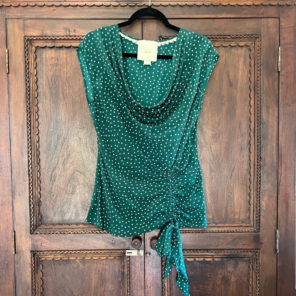 Maeve (Anthropologie) Cap Sleeve Green Polka Dot Blouse. Size 2.